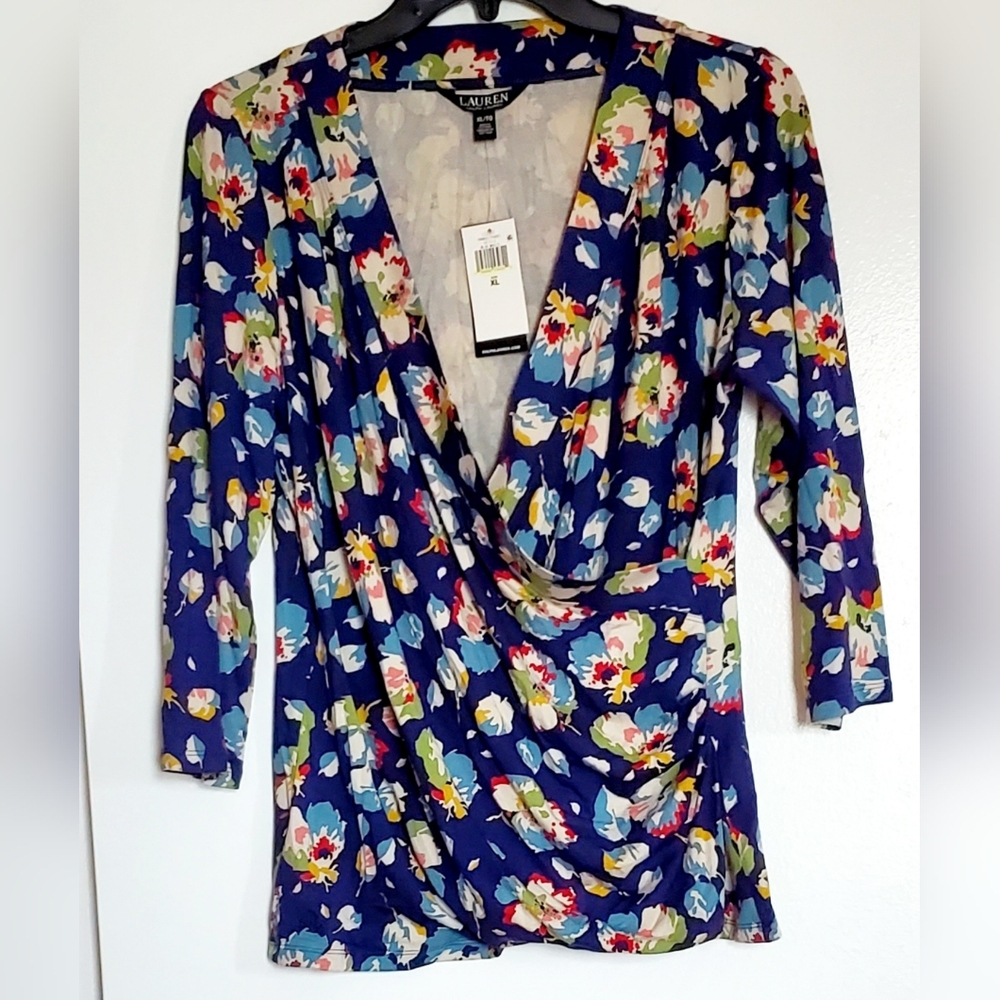 Ralph Lauren Lapis Floral Print Runched Blue Blouse